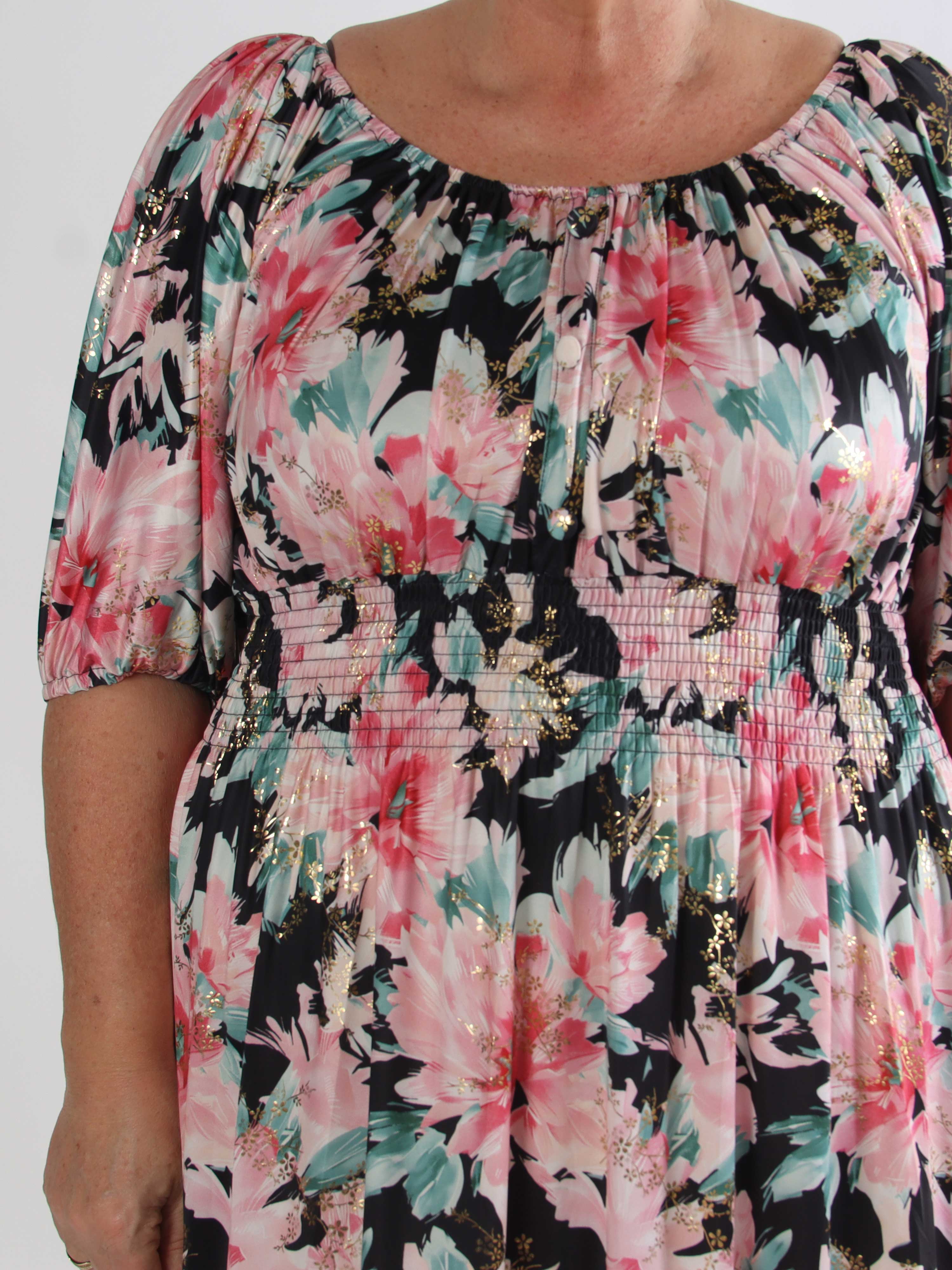 Cora Flower Midi - Elastisk blomstret plus size kjole med guld print